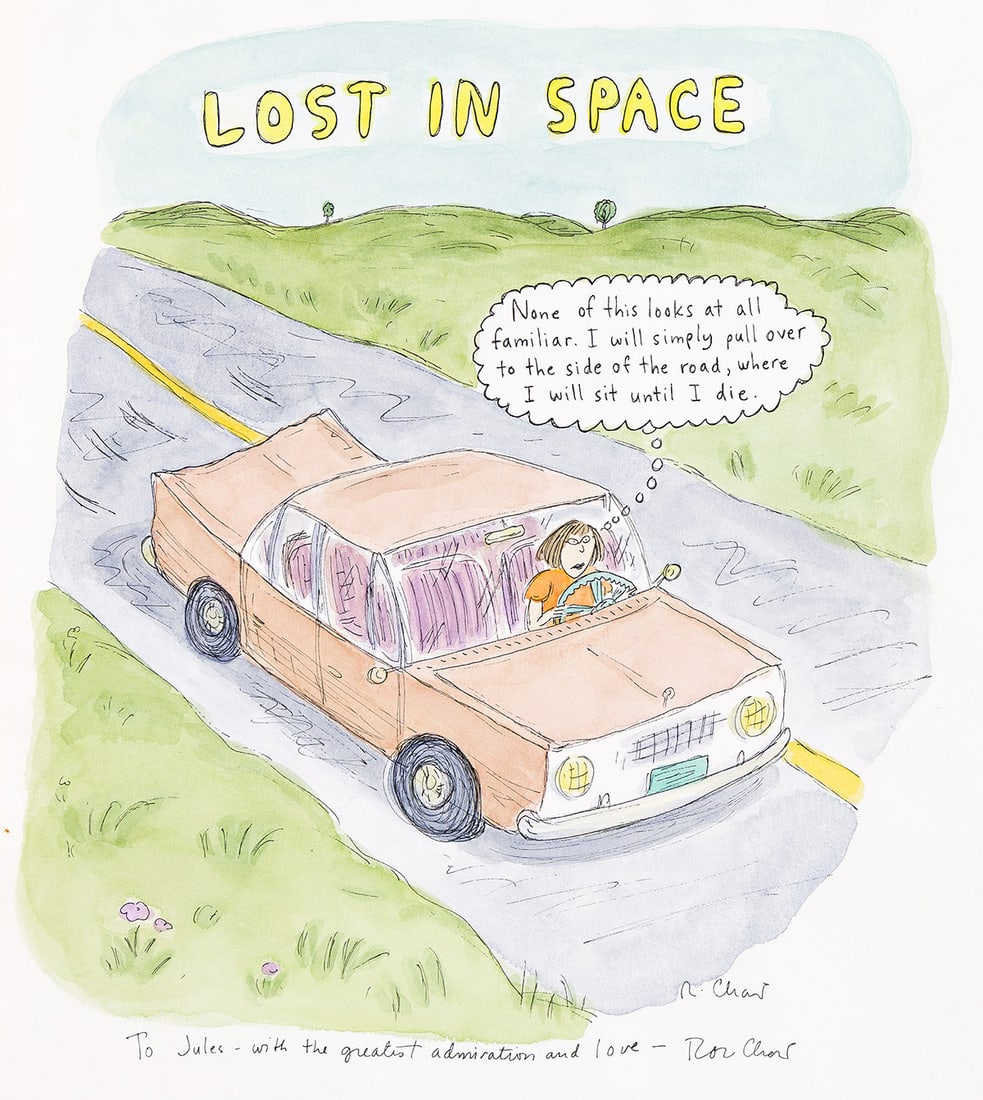 ROZ CHAST (1954-) "Lost In Space.": ROZ CHAST (1954-) "Lost In Space." Single panel cartoon. Ink and watercolor on paper. 9 x 11 1/2 inches. Signed and inscribed, "To Jules - With the greatest admiration and love - Roz Chast."Provenance