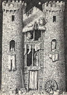 DOMENICO GNOLI (1933-1970) "Two Kings.": DOMENICO GNOLI (1933-1970) "Two Kings." Book illustration published in Alberic The Wise by Norton Juster (New York: Pantheon, 1965). Ink on paper. 14 x 20 inches. Provenance: From the collection of Ju