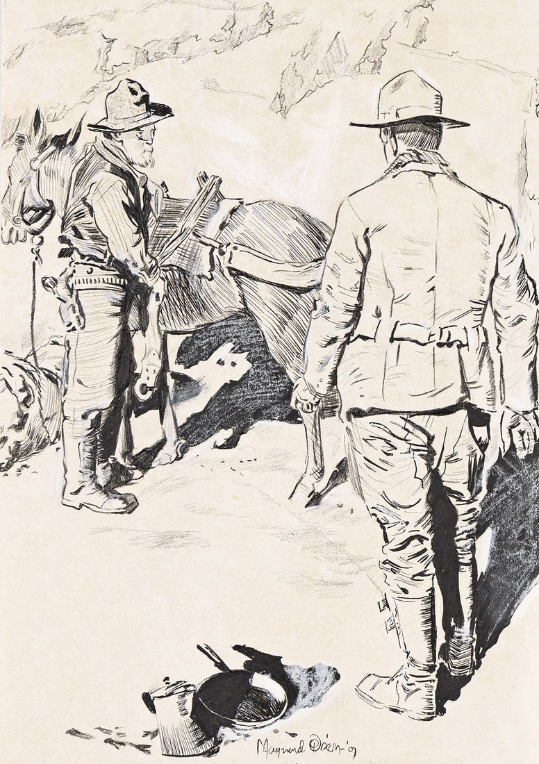 MAYNARD DIXON (1875-1946) "Do you know who's going to stake that claim?": MAYNARD DIXON (1875-1946) "Do you know who's going to stake that claim?" Illustration in "The Great Find" by Paul E. Triem, published in Collier's December 28, 1907. Pencil and ink on paper. 11 1/2 x