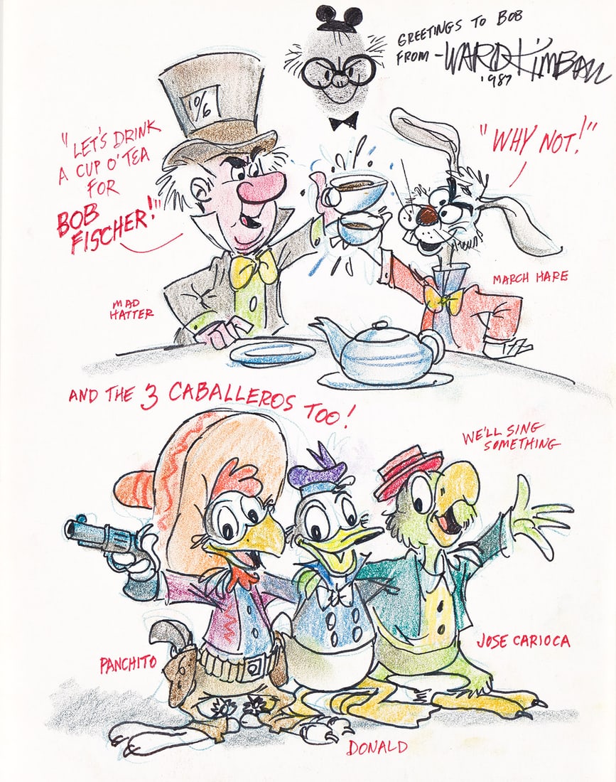 WARD KIMBALL (1914-2002) Three Caballeros and Alice in Wonderland Color Sketch. (1 of 1)