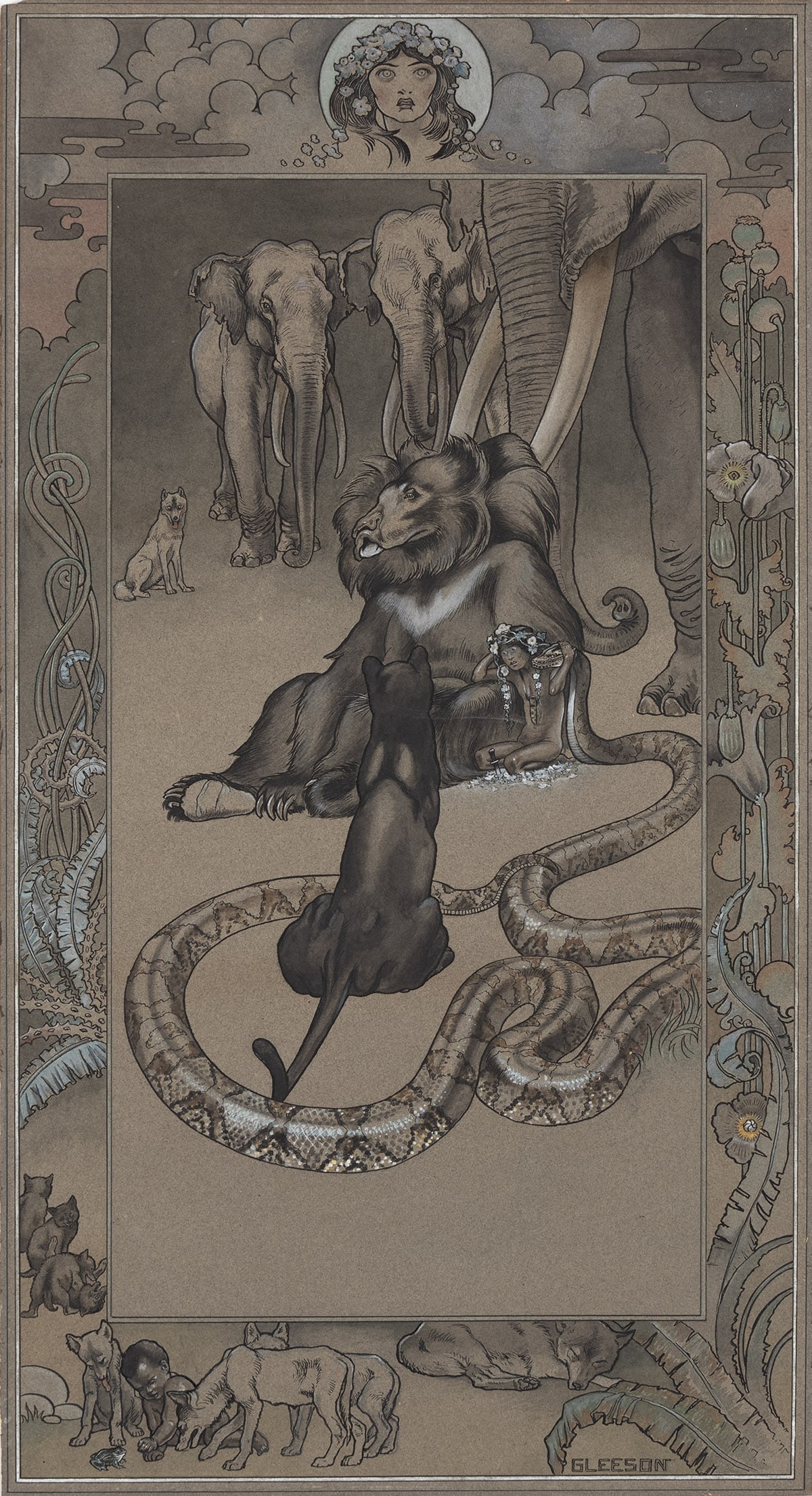 JOSEPH M. GLEESON (1861-1917) "Baloo the Bear Kaa the Snake Bagheera the Panther and the Elephants.": JOSEPH M. GLEESON (1861-1917) "Baloo the Bear Kaa the Snake Bagheera the Panther and the Elephants." Illustration from Rudyard Kipling’s The Jungle Book, 1912. Ink and wash on paper. 29 ¾&#