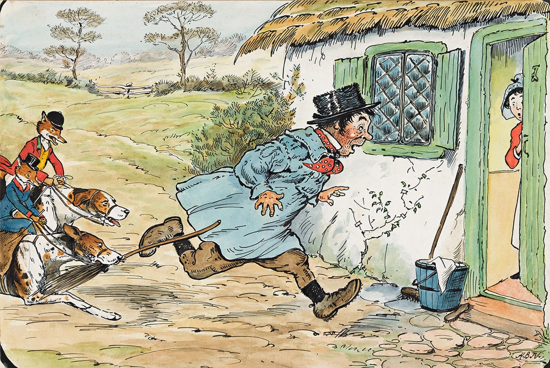 HARRY BINGHAM NEILSON (1861-1941) Foxes in pursuit of the farmer's broom. (1 of 1)