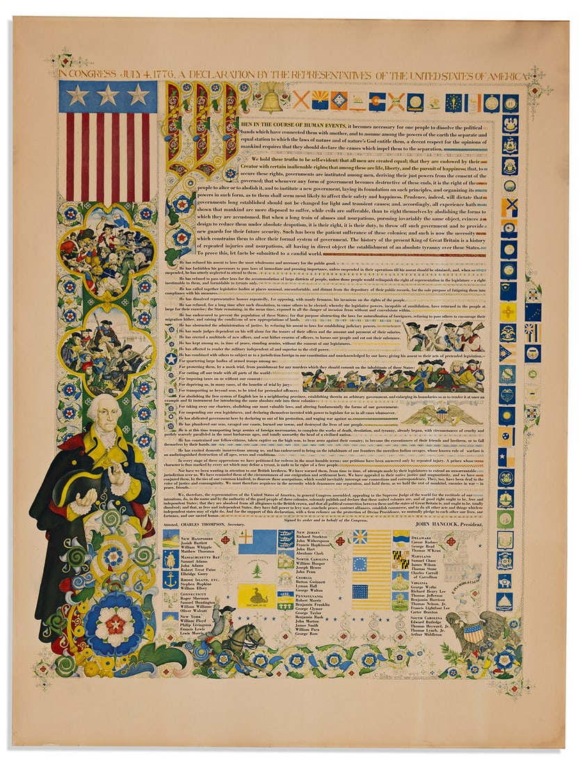 (DECLARATION OF INDEPENDENCE.) Print of Arthur Szyk's illuminated rendering of the Declaration.: (DECLARATION OF INDEPENDENCE.) Print of Arthur Szyk's illuminated rendering of the Declaration. Collotype print, 34 x 25¾ inches; laid down on board, minimal wear and light toning. New Canaan, CT