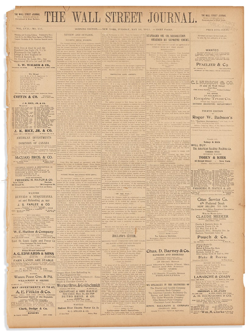 (FINANCE.) Issue of the Wall Street Journal on the dissolution of Standard Oil in a renowned (1 of 1)