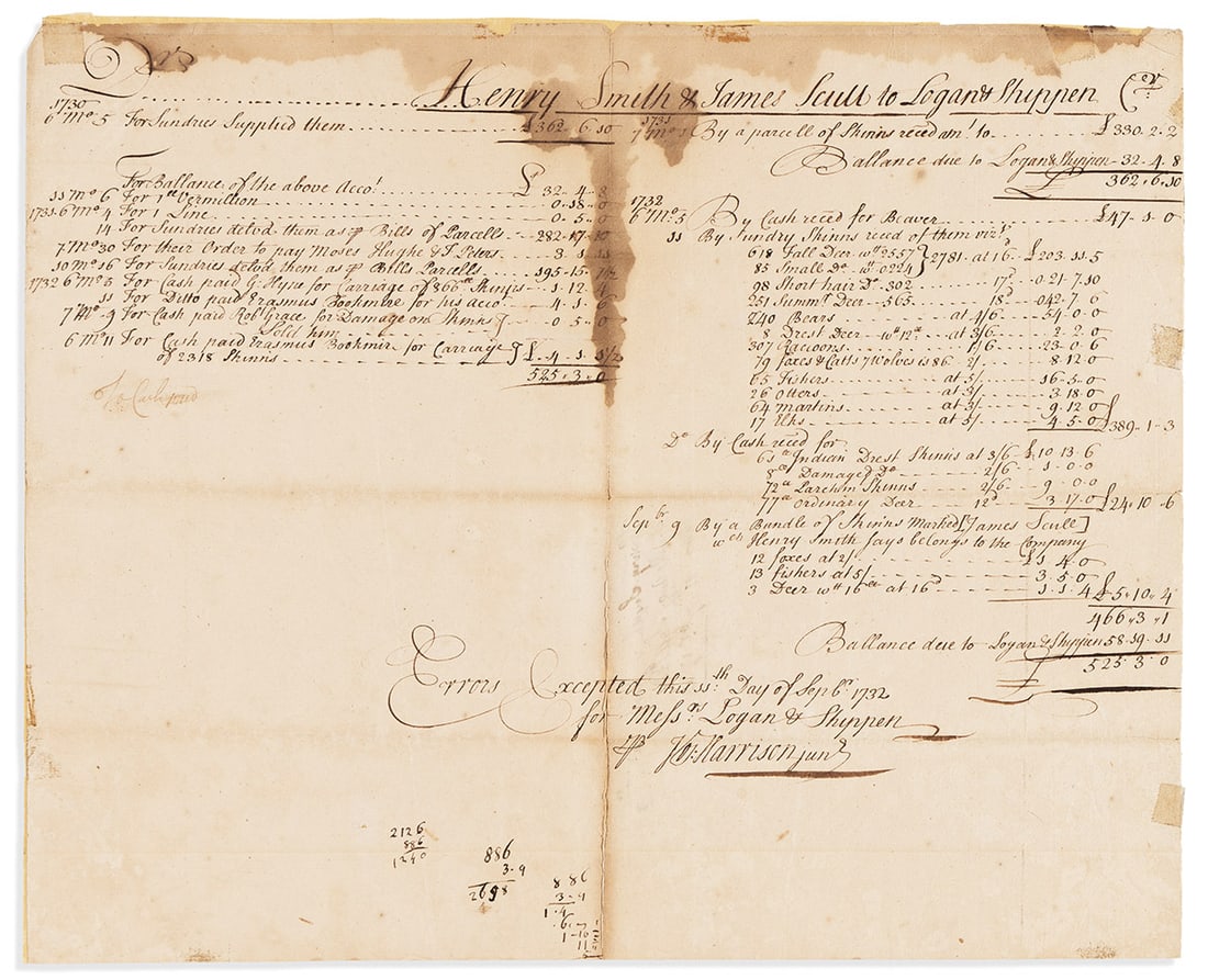 (PENNSYLVANIA.) Itemized account for more than 2000 furs and skins sold by colonial frontier traders (1 of 1)