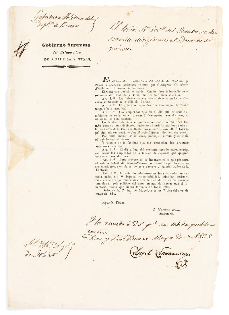 (WEST--TEXAS.) Agustín Viesca. A broadside decree sent on the eve of revolution to Béxar,: (WEST--TEXAS.) Agustín Viesca. A broadside decree sent on the eve of revolution to Béxar, signed by Navarro, and forwarded to Goliad. Letterpress broadside, 12¾ x 9 inches, signed in ty