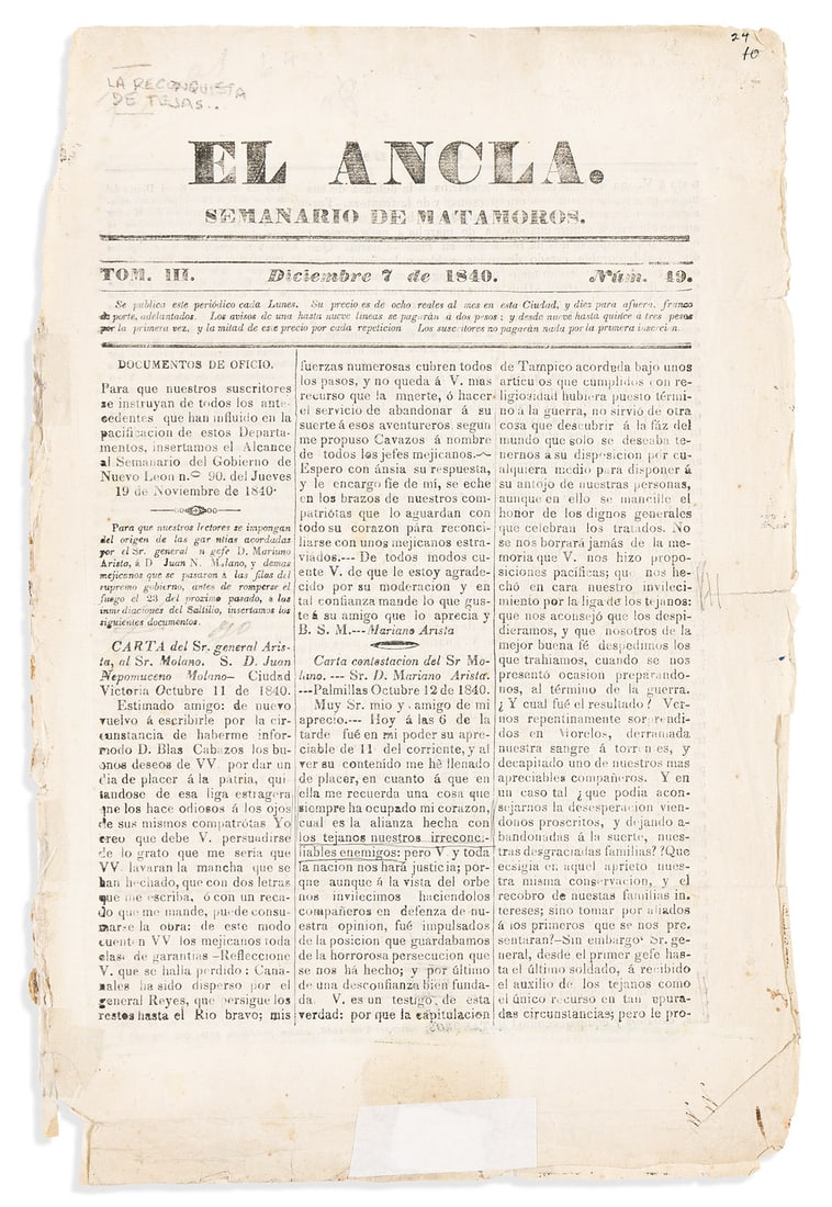 (WEST--TEXAS.) Group of Mexican newspapers discussing Texas during the era of the Republic. (1 of 1)