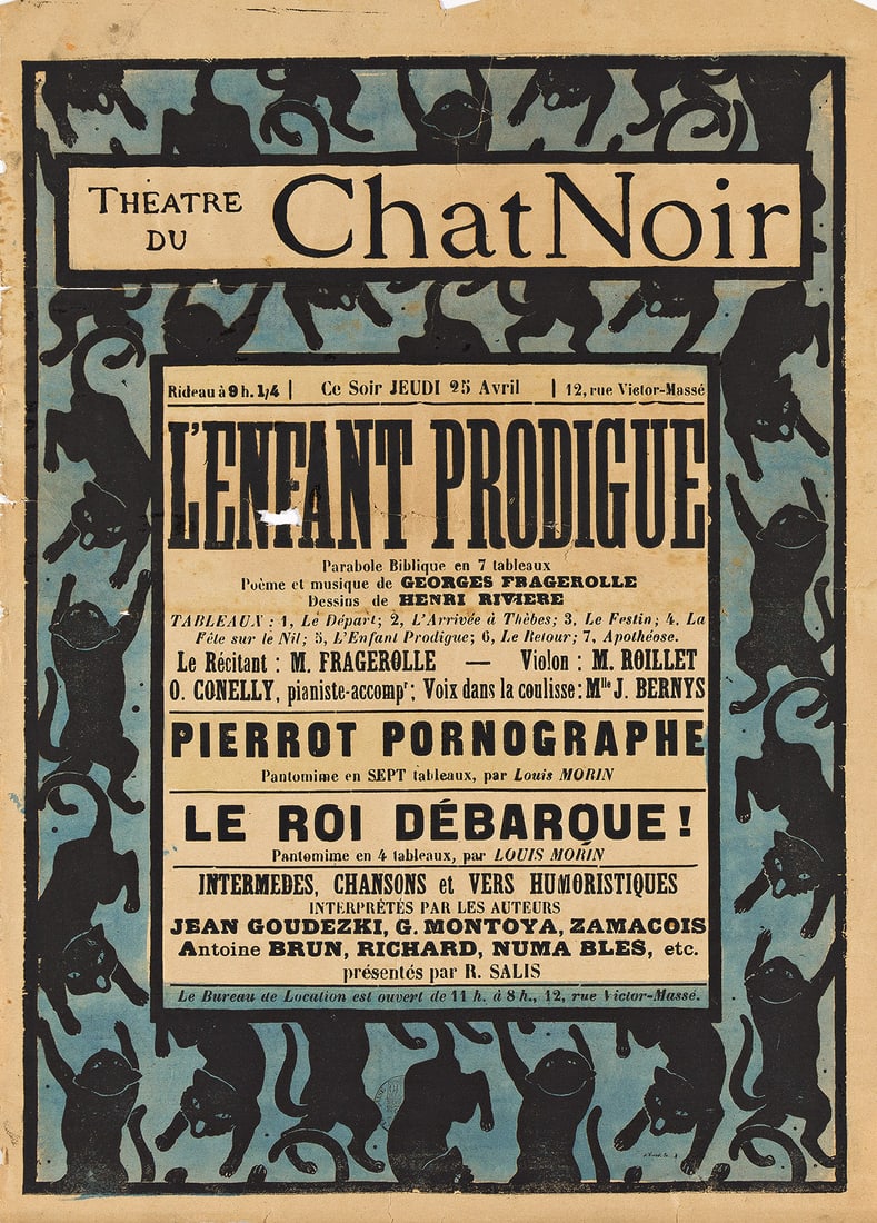 HENRI RIVIERE (1864-1951) THEATRE DU CHAT NOIR / L'ENFANT PRODIGUE. Two posters. Circa 1895.: HENRI RIVIERE (1864-1951) THEATRE DU CHAT NOIR / L'ENFANT PRODIGUE. Two posters. Circa 1895. Each approximately 23½x16½ inches, 59½x42 cm Condition varies generally B. Paper. In the ve