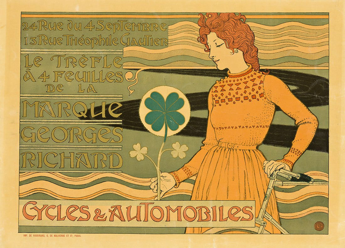 EUGENE GRASSET (1841-1917) MARQUE GEORGES RICHARD / CYCLES & AUTOMOBILES. 1899.: EUGENE GRASSET (1841-1917) MARQUE GEORGES RICHARD / CYCLES & AUTOMOBILES. 1899. 16¼x22¼ inches, 41¼x56½ cm. Vaugirard G. de Malherbe et Cie., Paris. Condition B+: creases in margi
