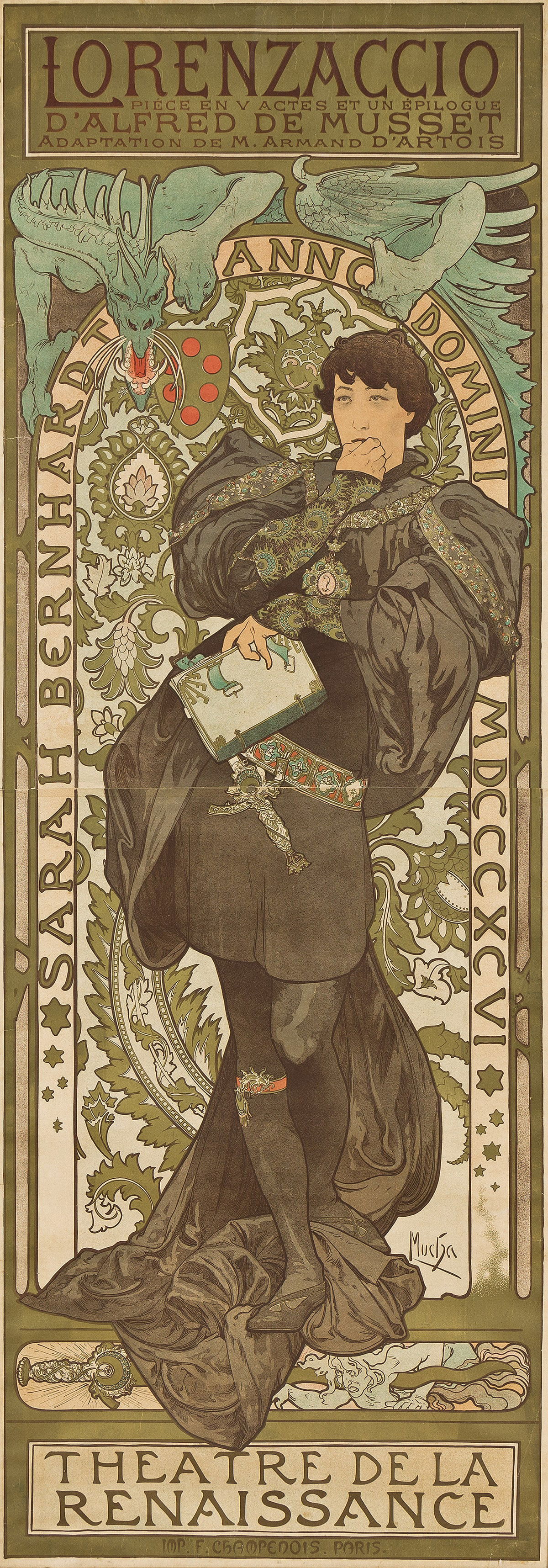 ALPHONSE MUCHA (1860-1939) LORENZACCIO / THEATRE DE LA RENAISSANCE. 1896.: ALPHONSE MUCHA (1860-1939) LORENZACCIO / THEATRE DE LA RENAISSANCE. 1896. 80x29 inches, 203¼x73½ cm. F. Champenois, Paris. Condition A-: minor repaired tears, creases and abrasions in margi