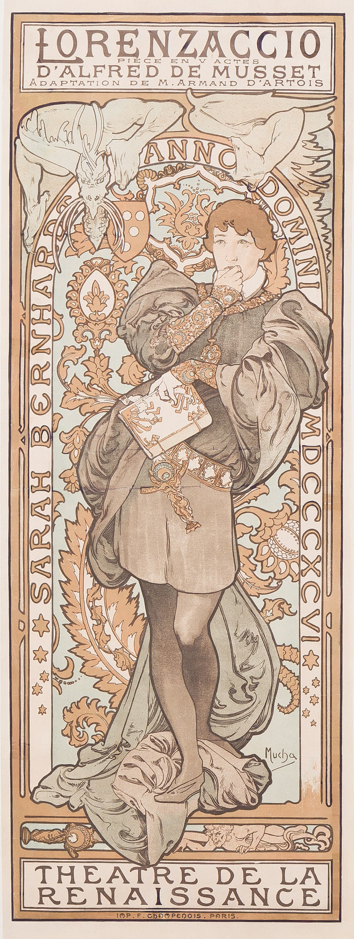 ALPHONSE MUCHA (1860-1939) LORENZACCIO / THEATRE DE LA RENAISSANCE. 1896.: ALPHONSE MUCHA (1860-1939) LORENZACCIO / THEATRE DE LA RENAISSANCE. 1896. 40x15 inches, 101½x38 cm. Champenois, Paris. Condition B+: repaired tears, replaced losses with overpainting, and crease