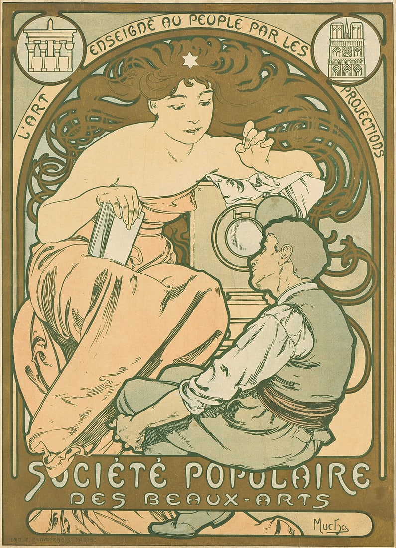 ALPHONSE MUCHA (1860-1939) SOCIÉTÉ POPULAIRE DES BEAUX - ARTS. 1897.: ALPHONSE MUCHA (1860-1939) SOCIÉTÉ POPULAIRE DES BEAUX - ARTS. 1897. 24x17 inches, 61x43¼ cm. F. Champenois, Paris. Condition B+: replaced loss with overpainting in bottom right corner