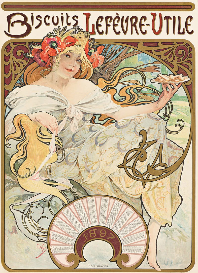 ALPHONSE MUCHA (1860-1939) BISCUITS LEFÈVRE - UTILE. 1897.: ALPHONSE MUCHA (1860-1939) BISCUITS LEFÈVRE - UTILE. 1897. 24¼x17½ inches, 61½x44½ cm. F. Champenois, Paris. Condition A: minor expert restoration in margins. "All of [Lef
