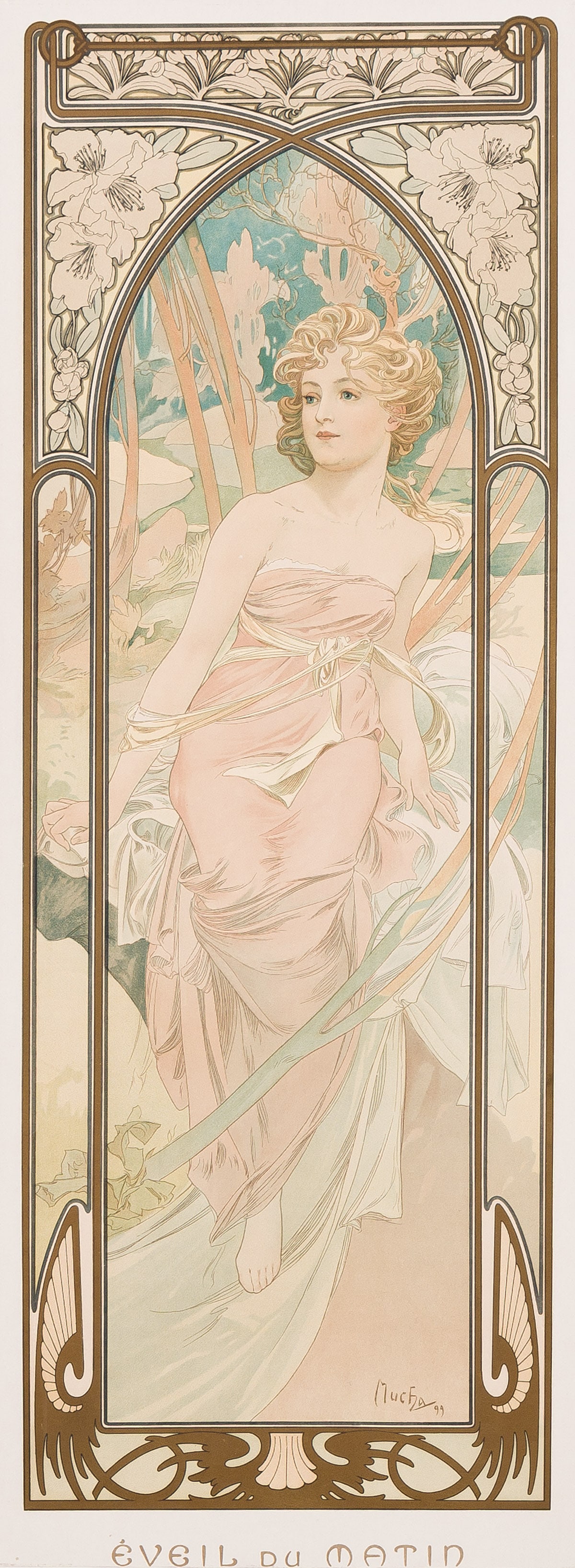 ALPHONSE MUCHA (1860-1939) [THE TIMES OF THE DAY] / ÉVEIL DU MATIN. 1899.: ALPHONSE MUCHA (1860-1939) [THE TIMES OF THE DAY] / ÉVEIL DU MATIN. 1899. 42½x16 inches, 106½x40½ cm. [F. Champenois, Paris]. Condition A-: minor abrasions in image; minor overpai