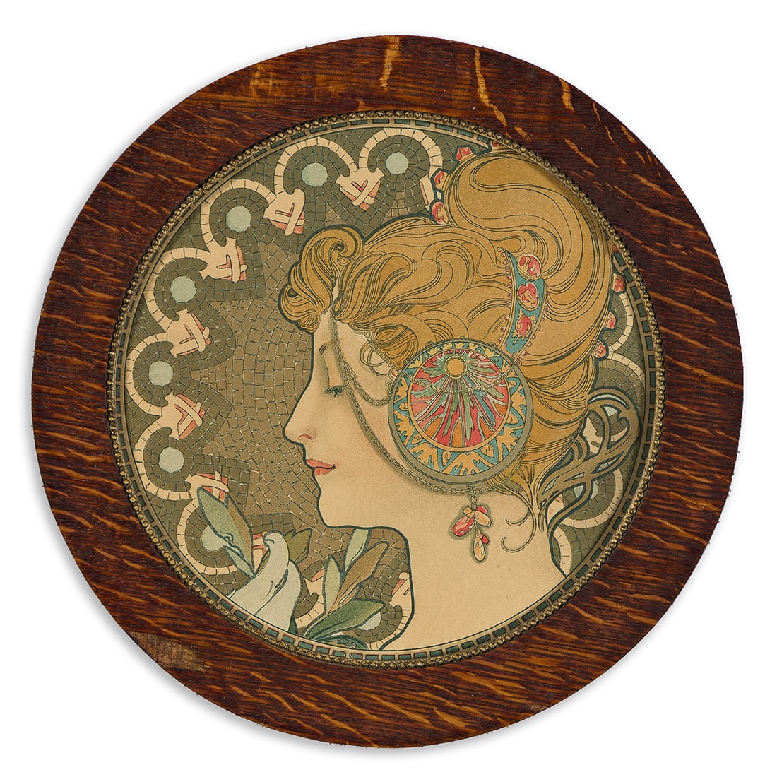 ALPHONSE MUCHA (1860-1939) [QUILL]. Circa 1899.: ALPHONSE MUCHA (1860-1939) [QUILL]. Circa 1899. Diameter: 9 inches, 23 cm. Condition B+: mounted to wood, trimmed to edges; time-staining and notches around edges. In a period wooden frame. A rare va