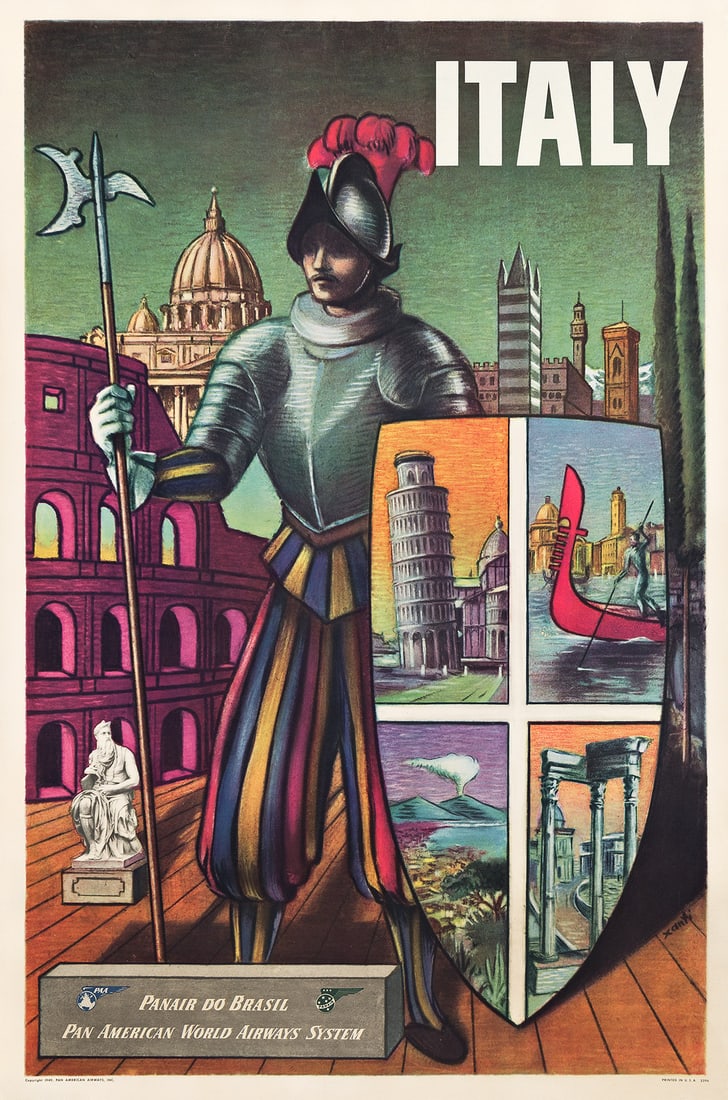 XANTI SCHAWINSKY (1904-1979) ITALY / PANAIR DO BRASIL / PAN AMERICAN WORLD AIRWAYS SYSTEM. 1949.: XANTI SCHAWINSKY (1904-1979) ITALY / PANAIR DO BRASIL / PAN AMERICAN WORLD AIRWAYS SYSTEM. 1949. 42x27½ inches, 106¾x70 cm. Condition B+: repaired tears, creases and restoration in margins;