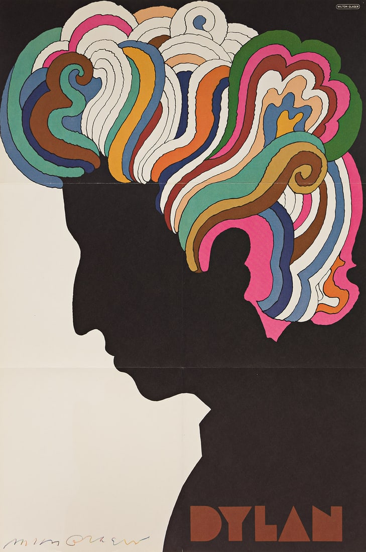 MILTON GLASER (1929-2020) BOB DYLAN. 1966.: MILTON GLASER (1929-2020) BOB DYLAN. 1966. 33x21¾ inches, 84x55¼ cm. Condition B+ / A-: minor abrasions at edges and along vertical and horizontal folds; pin holes at upper corners. Hand-si