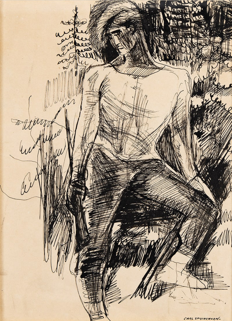 CARL SPRINCHORN (1887-1971) Pair of drawings.: CARL SPRINCHORN (1887-1971) Pair of drawings. Untitled (Man with knee up, front-facing), pen and ink on paper, 254 x 203 mm; 10 x 8 inches. Signed in lower right image. Untitled (Man with knee up, bac