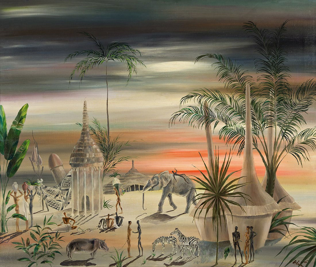 GILBERT ADRIAN (1903-1959) African After Glow.: GILBERT ADRIAN (1903-1959) African After Glow. Oil on canvas, circa 1950. 635 x 762 mm; 25 x 30 inches (canvas). 756 x 883 mm; 29 3/4 x 34 3/4 inches (frame). Signed "Adrian" in lower right image. Tit