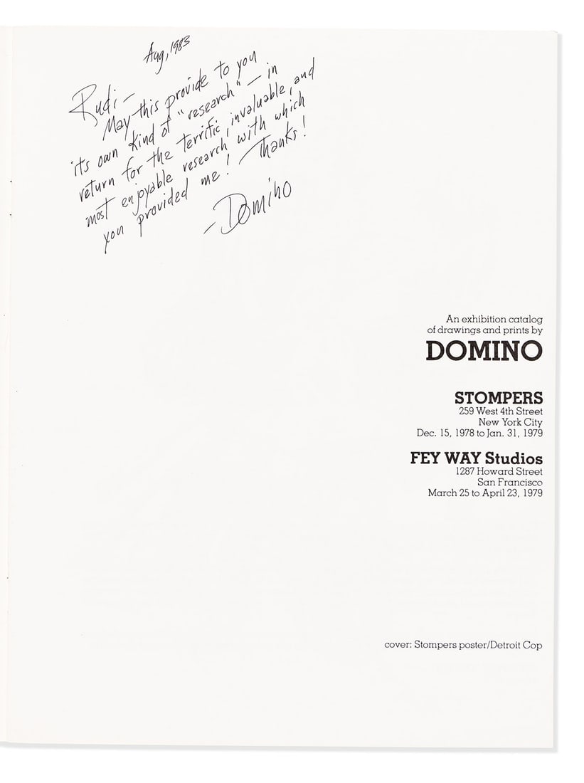 DOMINO (DONALD MERRICK, 1929-1990) "An Exhibition Catalog of Drawings and Prints by Domino," signed,: DOMINO (DONALD MERRICK, 1929-1990) "An Exhibition Catalog of Drawings and Prints by Domino," signed, with a group of his prints. [28] pages including 25 full-page illustrations of Domino's work. Orig