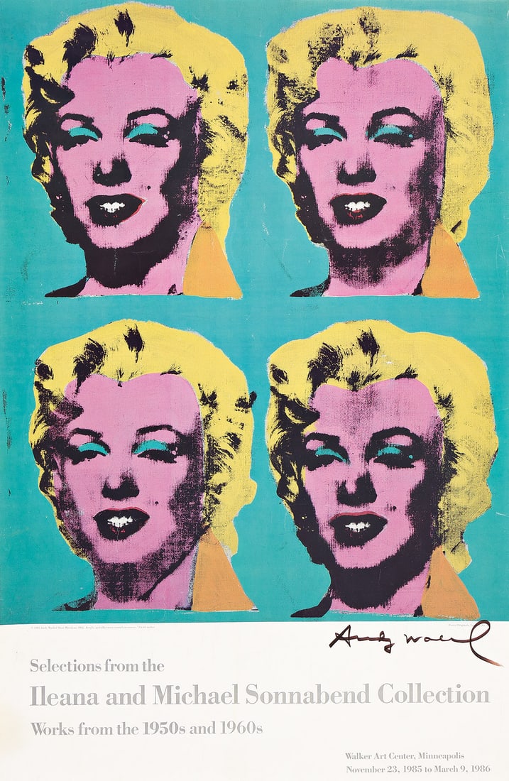 ANDY WARHOL (1928-1987) Selections From the Ileana and Michael Sonnabend Collection.: ANDY WARHOL (1928-1987) Selections From the Ileana and Michael Sonnabend Collection. Offset exhibition poster. 940x610 mm; 37x24 inches. Hand-signed by the artist in marker. 1985. For an exhibition of