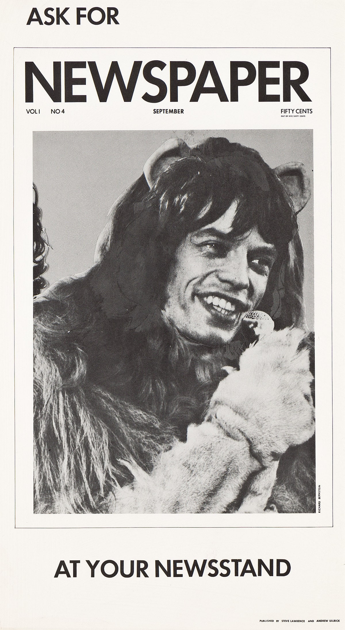 RICHARD BERNSTEIN (1939-2002) Mick Jagger Newspaper.: RICHARD BERNSTEIN (1939-2002) Mick Jagger Newspaper. Offset lithograph on paper. 571x317 mm; 22½x12½ inches. Of an unknown edition size. The Estate of Richard Bernstein stamp on verso. 1969.