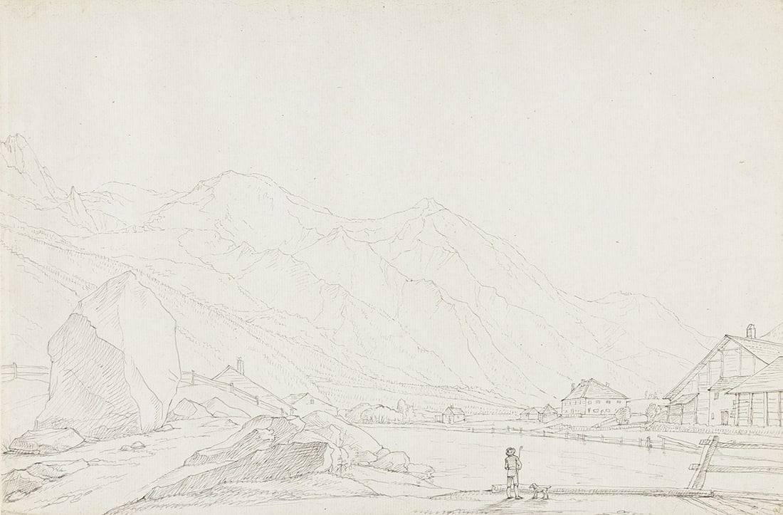 BENJAMIN WEST (1738-1820) Alpine Landscape.: BENJAMIN WEST (1738-1820) Alpine Landscape. Pen and gray ink on blue laid paper, circa 1763. 282x428 mm; 11x16 inches. Provenance William Drummond, Bury Street Gallery, London. Purchased fr