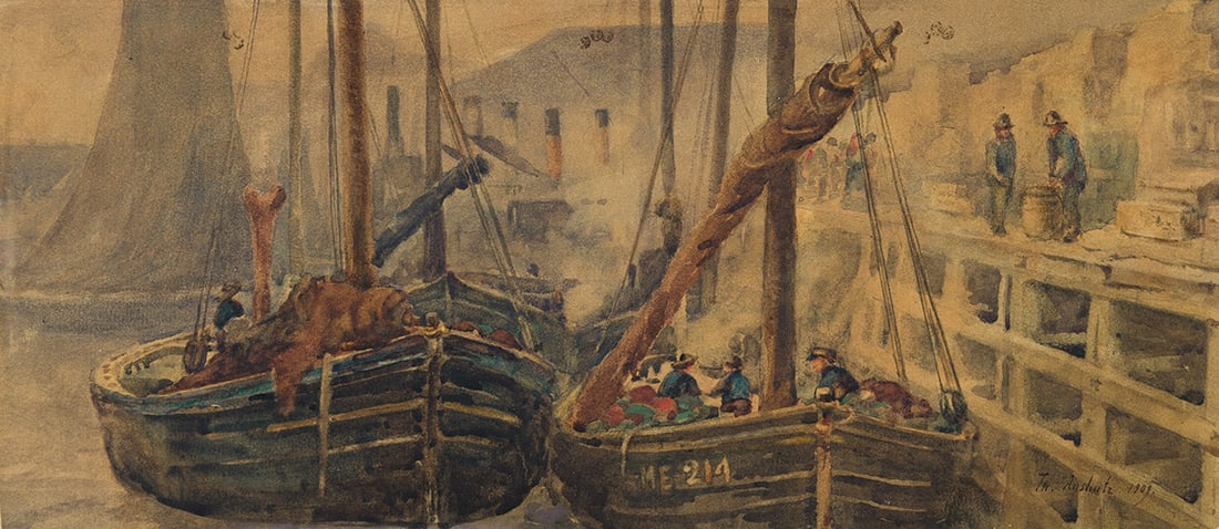 THOMAS ANSHUTZ (1851-1912) Delaware River Dock Scene, Philadelphia.: THOMAS ANSHUTZ (1851-1912) Delaware River Dock Scene, Philadelphia. Watercolor on board, 1909. 163x375mm; 6x14¾ inches. Signed and dated in ink, lower right. Provenance Grand Central Art Galleri