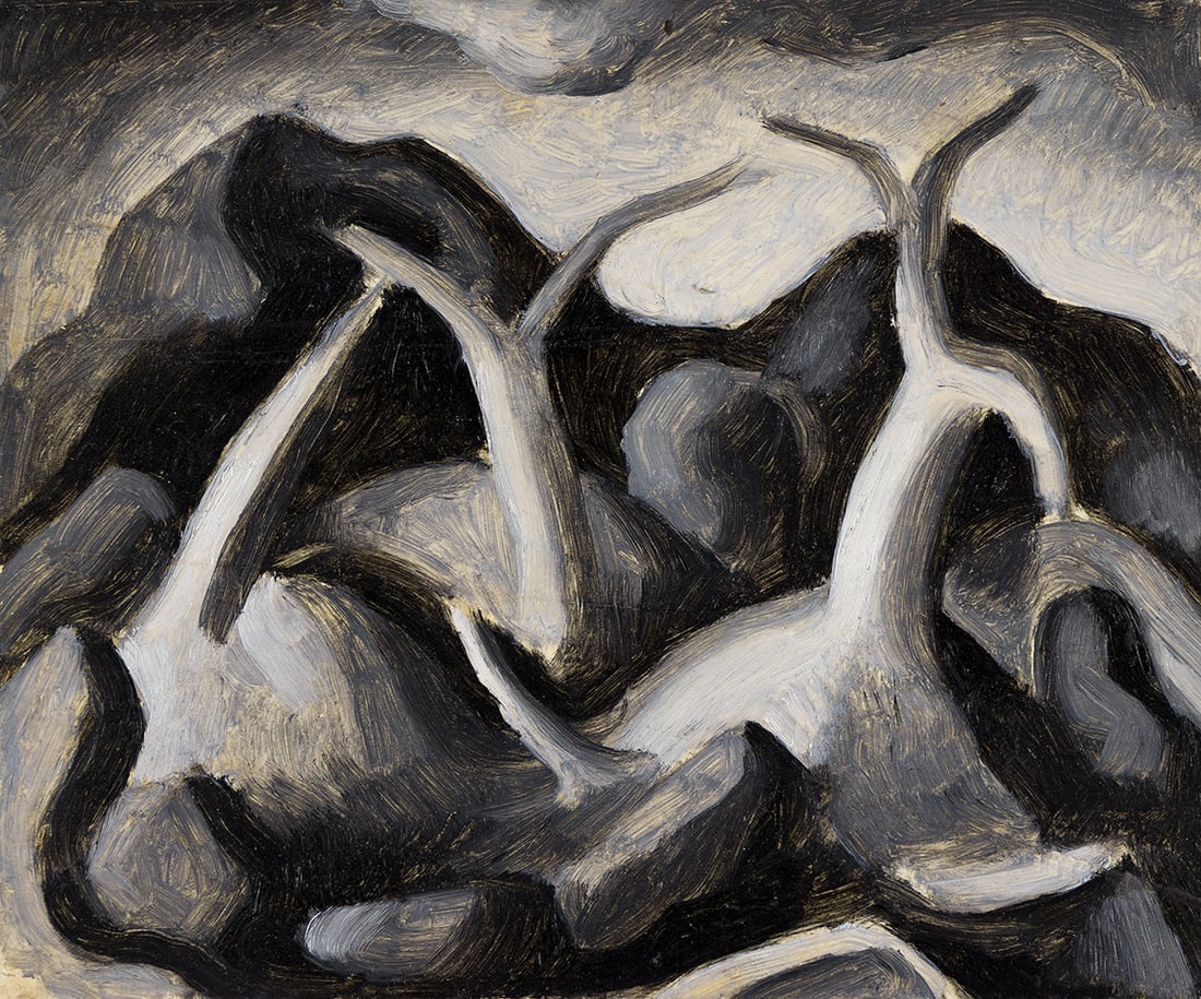 THOMAS HART BENTON (1889-1975) Landscape with Trees.: THOMAS HART BENTON (1889-1975) Landscape with Trees. Oil on paper laid on board, circa 1920. 217x280 mm; 8½x11 inches. Provenance The artist. Gift to Charles Pollock, New York and Paris, 1929. Sa