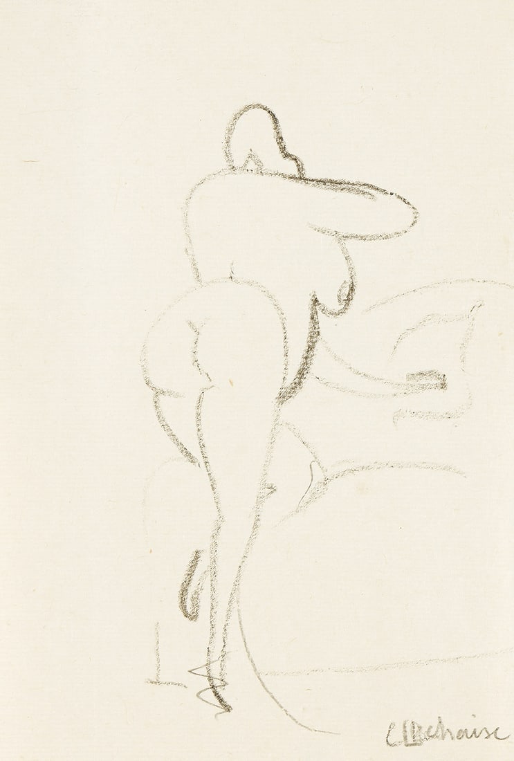 GASTON LACHAISE (1882-1935) Female Nude Seen from Rear.: GASTON LACHAISE (1882-1935) Female Nude Seen from Rear. Black crayon and pencil on Asian paper, circa 1920. 261x180 mm; 10x7 inches. Signed twice in pencil and crayon, lower right. Provenance Private