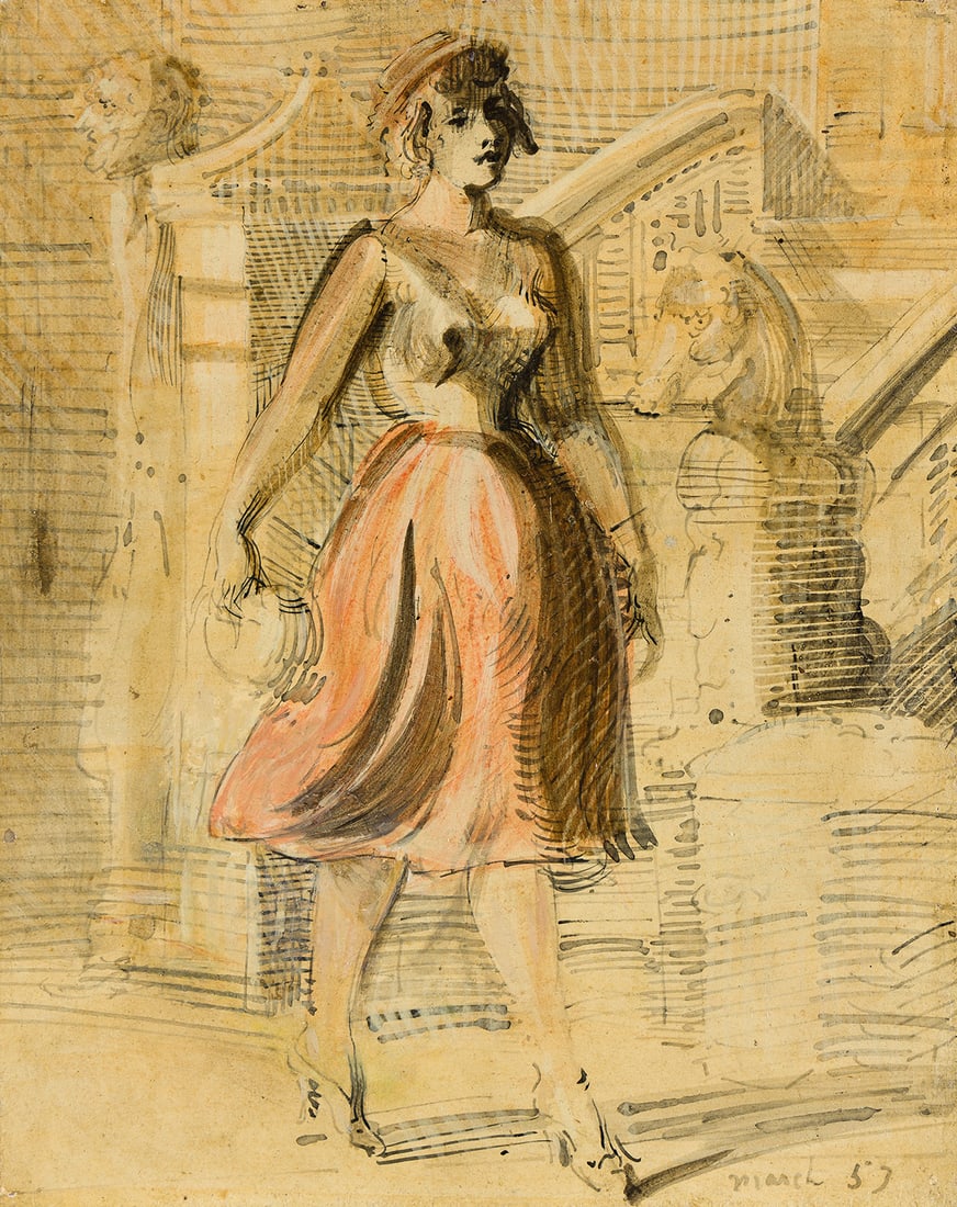 REGINALD MARSH (1898-1954) Woman Walking.: REGINALD MARSH (1898-1954) Woman Walking. Oil and ink on paper and panel, 1953. 252x200 mm; 9x7 inches. Signed and dated lower right. Provenance [with] Bernard Danenberg Gallery, New York.