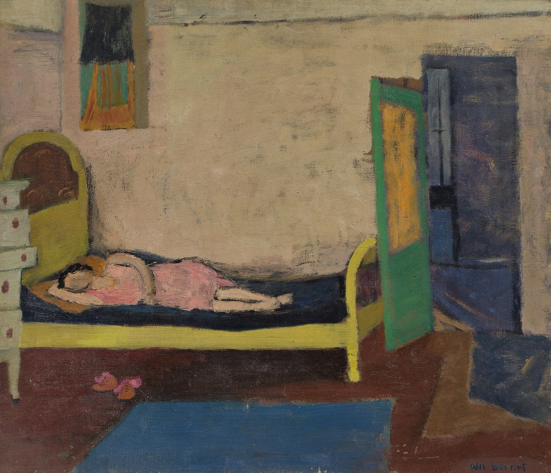 WILL BARNET (1911-2012) Yellow Bed.: WILL BARNET (1911-2012) Yellow Bed. Oil on canvas, 1941. 490x562 mm; 19¼x22¼ inches. Signed lower right, and signed, titled and inscribed with the artist's address verso. Provenance Bertha S
