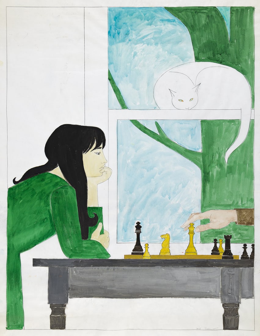 WILL BARNET (1911-2012) Study for "The Chess Game.": WILL BARNET (1911-2012) Study for "The Chess Game." Watercolor and pencil on vellum, circa 1973. 795x1055 mm; 31¼x41½ inches. Signed in pencil, lower right. Provenance Estate of the artist.