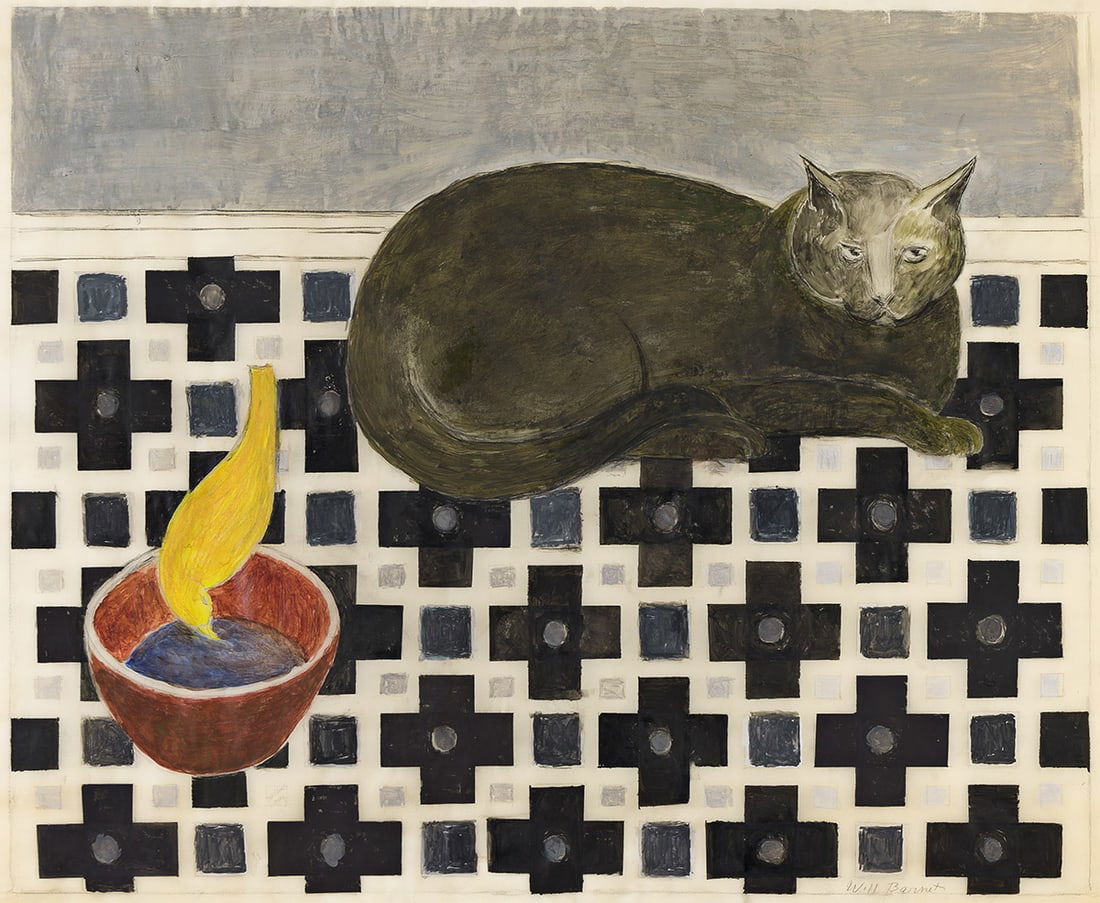 WILL BARNET (1911-2012) Study for "Cat and Canary.": WILL BARNET (1911-2012) Study for "Cat and Canary." Gouache and charcoal on vellum, 1970. 845x1065 mm; 33¼x42 inches. Signed in charcoal lower right. Provenance Harmon-Meek Gallery, Naples, Flori
