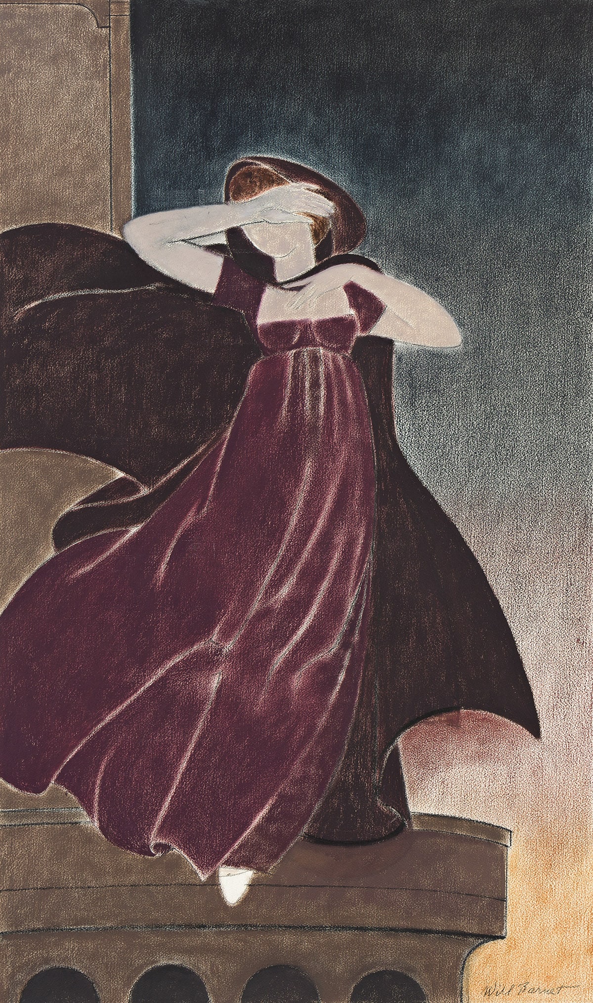 WILL BARNET (1911-2012) Study for "Tosca.": WILL BARNET (1911-2012) Study for "Tosca." Pastel on wove paper, circa 1987. 1455x1030 mm; 57¼x40½ inches. Signed lower right. Provenance Estate of the artist. In 1983, Will Barnet collabo