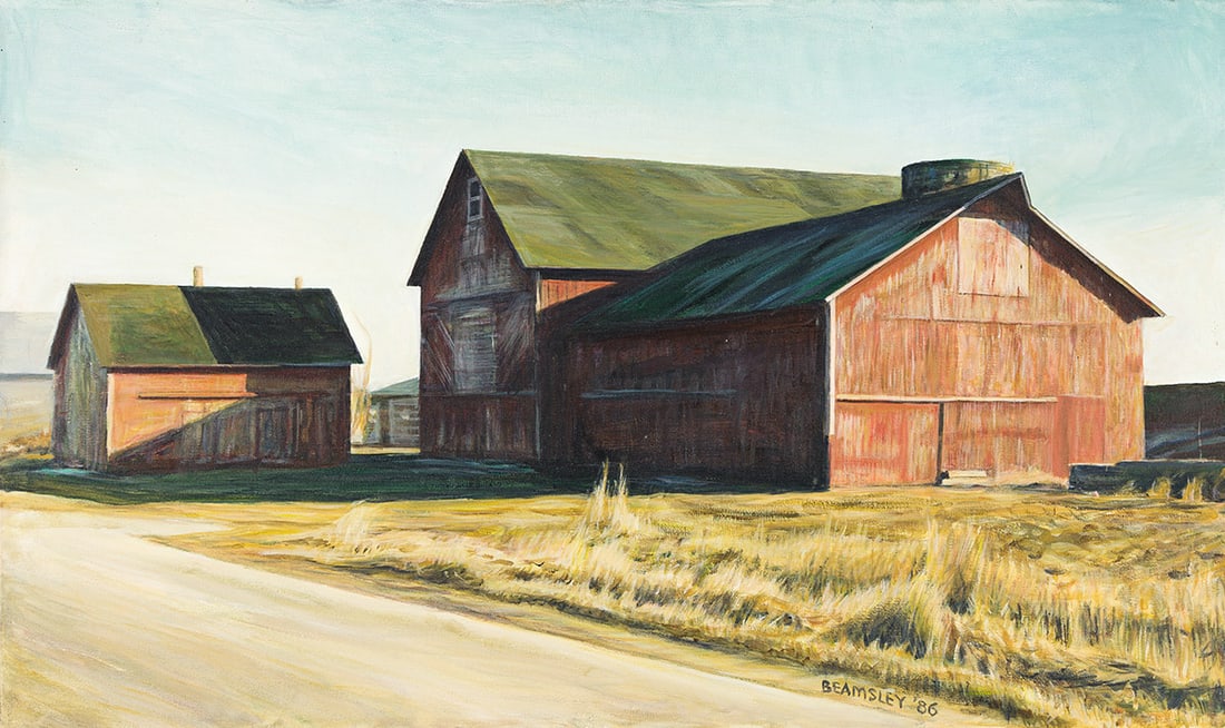 GIL BEAMSLEY (1943-2021) Barn, Rich Road.: GIL BEAMSLEY (1943-2021) Barn, Rich Road. Acrylic on canvas, 1986. 423x708 mm; 16¾x27 inches. Signed and dated lower right. Provenance Private collection, New York.