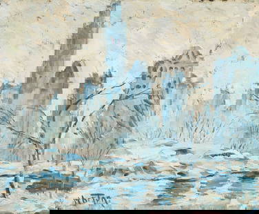 WILLIAM SAMUEL HORTON (1865-1936) Wintery View of New York. Circa 1925.: WILLIAM SAMUEL HORTON (1865-1936) Wintery View of New York. Circa 1925. Oil on canvas. 42x51 cm, 16½x20 inches; Signed lower left. Provenance: Private collection, New York.
