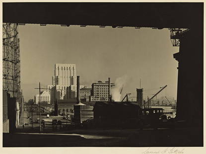 SAMUEL GOTTSCHO (1875-1971) New York Hospital from 59th St. and Sutton Pl., framed by Queensborough: SAMUEL GOTTSCHO (1875-1971) New York Hospital from 59th St. and Sutton Pl., framed by Queensborough Bridge. 1932. Silver print, the image measuring 23x31¾ cm, 9x12½ inches, the sheet 34.3x41