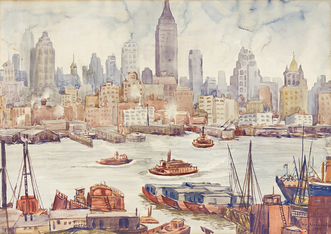 IDA ABRAMOVICH (1898-?) New York Skyline. 1935.: IDA ABRAMOVICH (1898-?) New York Skyline. 1935. Watercolor on paper. 38x54 cm, 14⅞x20⅞ inches; Signed and dated, lower right. Provenance: Private collection, New York.
