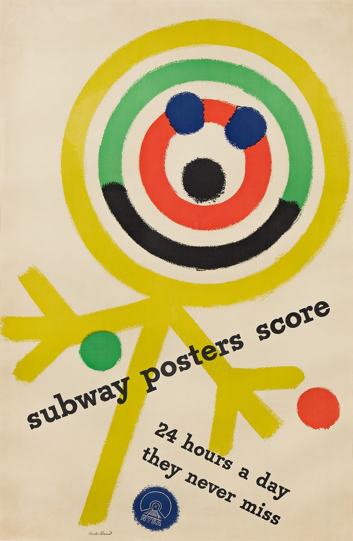PAUL RAND (1914-1996) Subway Posters Score / 24 Hours a Day They Never Miss. 1947.: PAUL RAND (1914-1996) Subway Posters Score / 24 Hours a Day They Never Miss. 1947. Lithograph poster. 111x73 cm, 43¾x28¾ inches. A playful and colorful Paul Rand commission for the New York