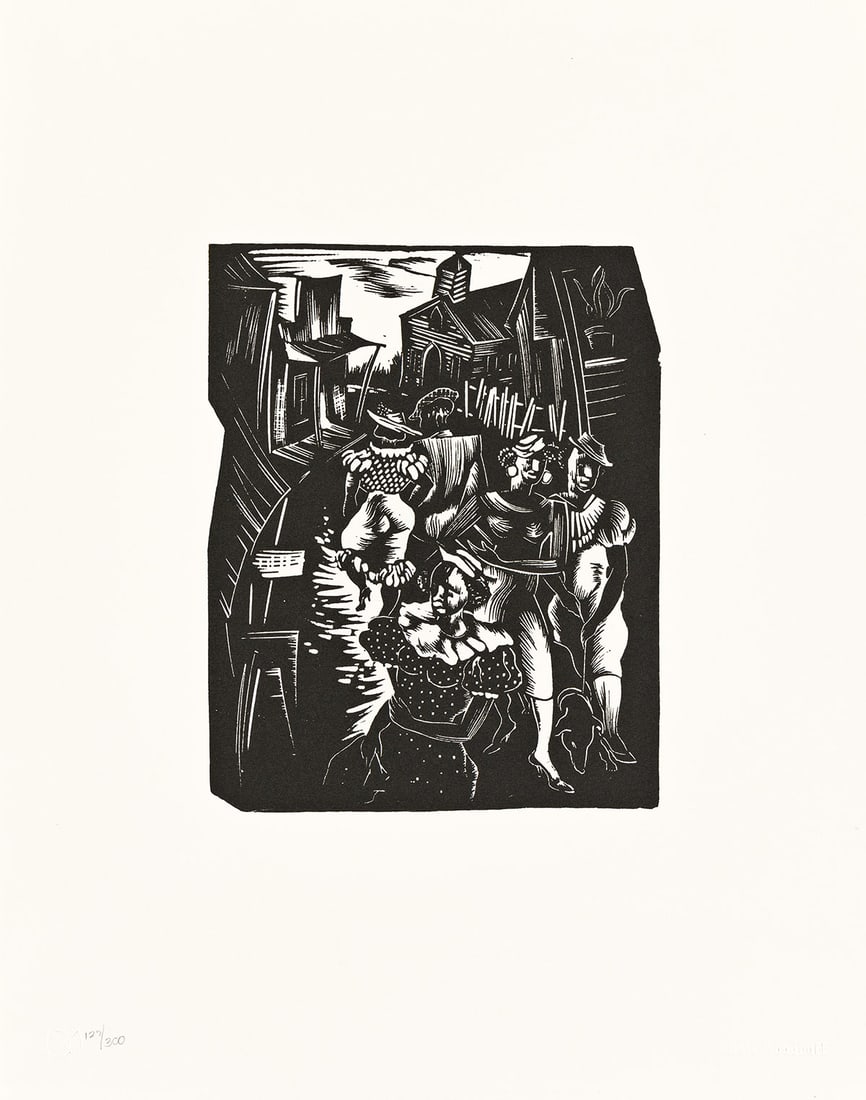 HALE WOODRUFF (1900 - 1980) Selections from the Atlanta Period.: HALE WOODRUFF (1900 - 1980) Selections from the Atlanta Period. Portfolio of 8 linoleum cuts, circa 1931-1946. Each 482x380 mm; 19x15 inches (sheet), full margins, loose as issued. One of 300 numbered