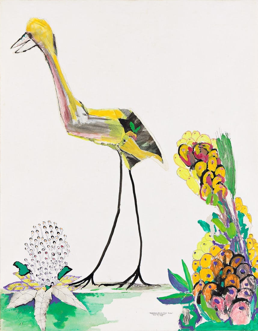 BENNY ANDREWS (1930 - 2006) Portrait of a Folk Bird.: BENNY ANDREWS (1930 - 2006) Portrait of a Folk Bird. Collage and mixed media on C M Fabriano paper, 1984. 699x1270 mm; 25½x20 inches. Signed, inscribed "Lacoste, France" and dated "August 15, 198