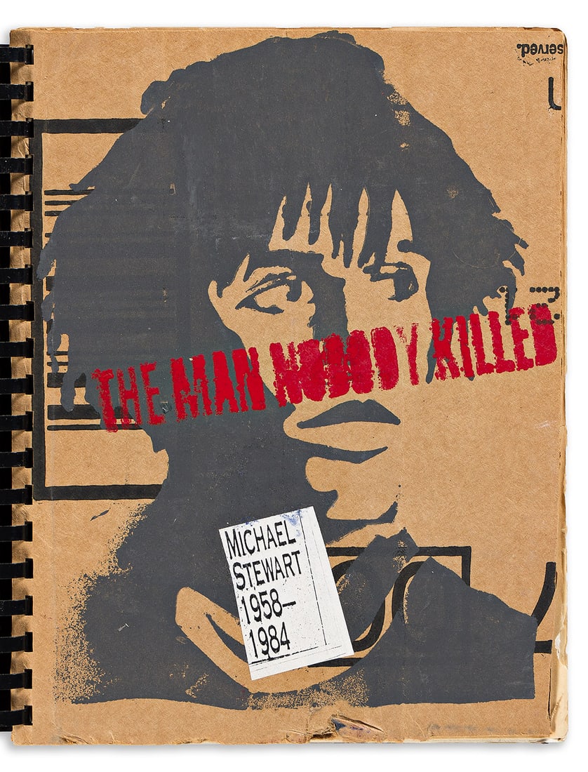 DAVID HAMMONS (1943 - ) The Man Nobody Killed.: DAVID HAMMONS (1943 - ) The Man Nobody Killed. Stenciled paint with collage on commercially printed cardboard, 1986. 280x216 mm; 11x8½ inches. Spiral bound in the original publication - as issued