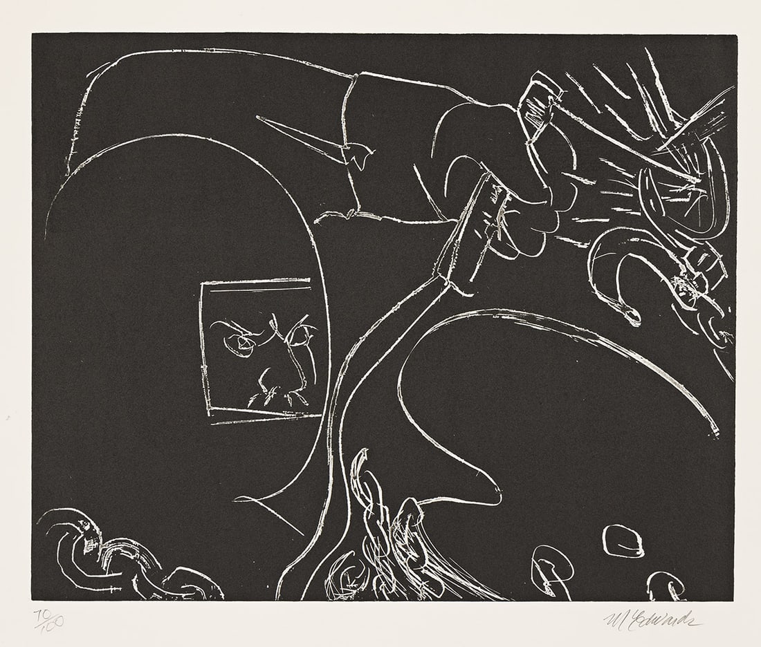 MELVIN EDWARDS (1937 - ) Untitled (Self-Portrait).: MELVIN EDWARDS (1937 - ) Untitled (Self-Portrait). Intaglio on Arches paper, circa 1998. 502x654 mm; 19¾x25¾ inches, full margins. Signed and numbered 70/100 in pencil, lower margin.