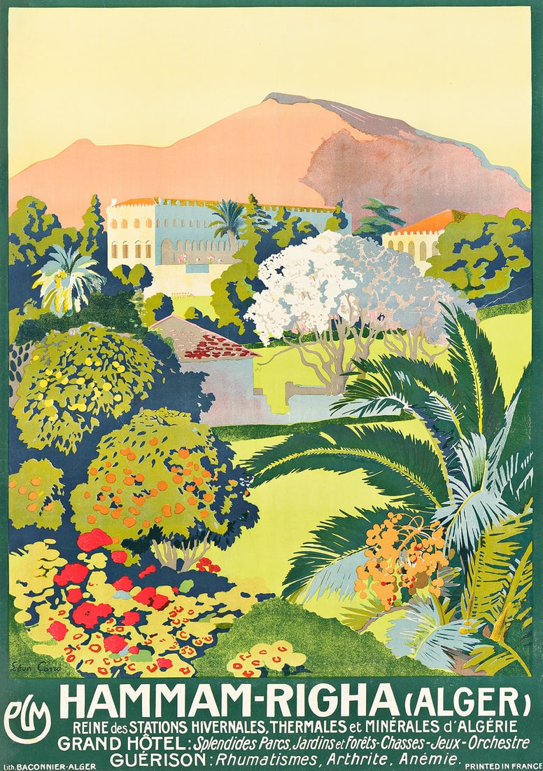 LÉON CARRÉ (1878-1942). HAMMAM - RIGHA (ALGER). Circa 1920s. 41½x29½ inches,: LÉON CARRÉ (1878-1942) HAMMAM - RIGHA (ALGER). Circa 1920s. 41½x29½ inches, 105½x74½ cm. Baconnier, Alger. Condition B: repaired tear from top edge through central image;