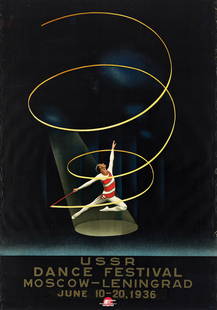 NIKOLAI ZHUKOV (1908-1973). USSR DANCE FESTIVAL / MOSCOW - LENINGRAD. 1936. 39x27 inches, 99x68½: NIKOLAI ZHUKOV (1908-1973) USSR DANCE FESTIVAL / MOSCOW - LENINGRAD. 1936. 39x27 inches, 99x68½ cm. Vneshtorgizdat, Moscow. Condition B+: small tears, creases and abrasions along sides. Paper. "Z