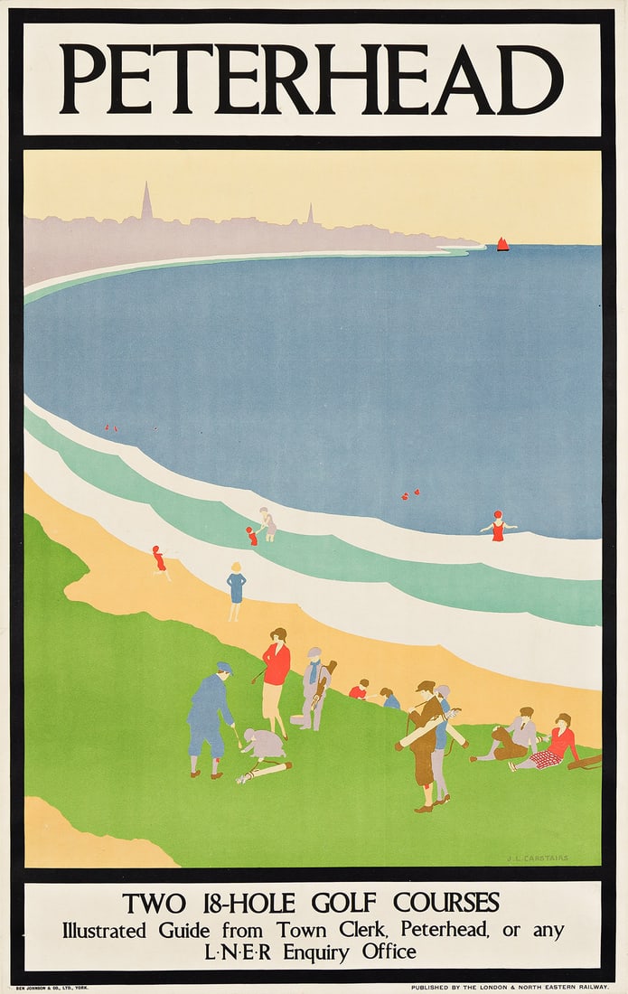 J.L. CARSTAIRS (DATES UNKNOWN). PETERHEAD / TWO 18 - HOLE GOLF COURSES. Circa 1925. 40x25 inches,: J.L. CARSTAIRS (DATES UNKNOWN) PETERHEAD / TWO 18 - HOLE GOLF COURSES. Circa 1925. 40x25 inches, 101½x63½ cm. Ben Johnson & Co., Ltd., York. Condition A-: minor repaired tears, creases and a