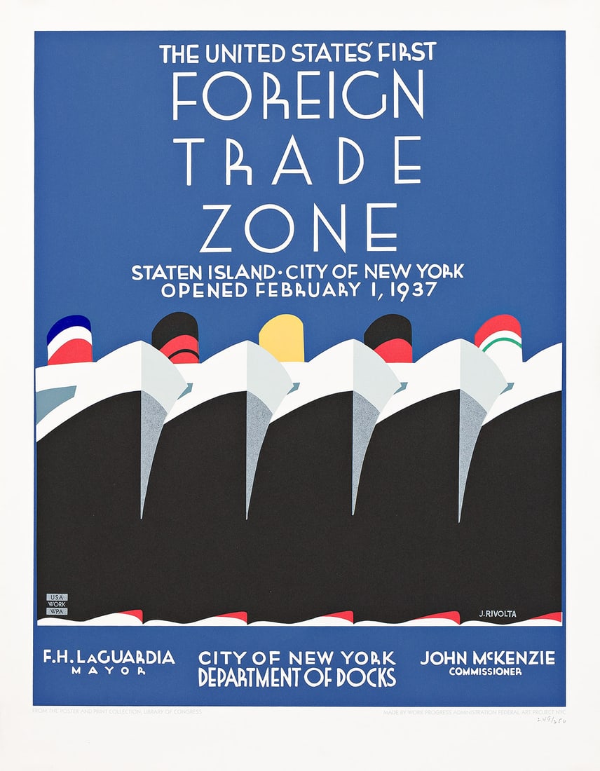 D'APRÈS JACK RIVOLTA (1890-?). THE UNITED STATES' FIRST FOREIGN TRADE ZONE / STATEN ISLAND.: D'APRÈS JACK RIVOLTA (1890-?) THE UNITED STATES' FIRST FOREIGN TRADE ZONE / STATEN ISLAND. Modern serigraph. 1987. 32½x25 inches, 82½x63½ cm. Prints and Posters of the Library of C