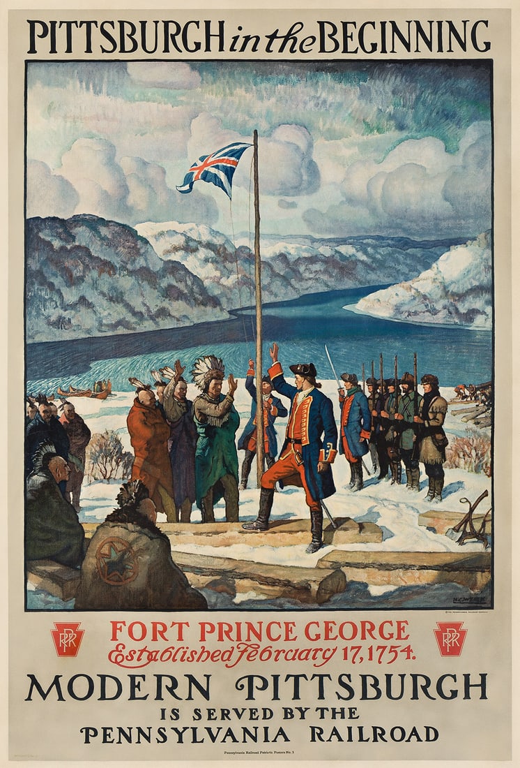 NEWELL CONVERS WYETH (1882-1945). PITTSBURGH IN THE BEGINNING / PENNSYLVANIA RAILROAD. 1930.: NEWELL CONVERS WYETH (1882-1945) PITTSBURGH IN THE BEGINNING / PENNSYLVANIA RAILROAD. 1930. 41x27¾ inches, 101x70½ cm. The Pennsylvania Railroad Company. Condition B+: expert overpainting in