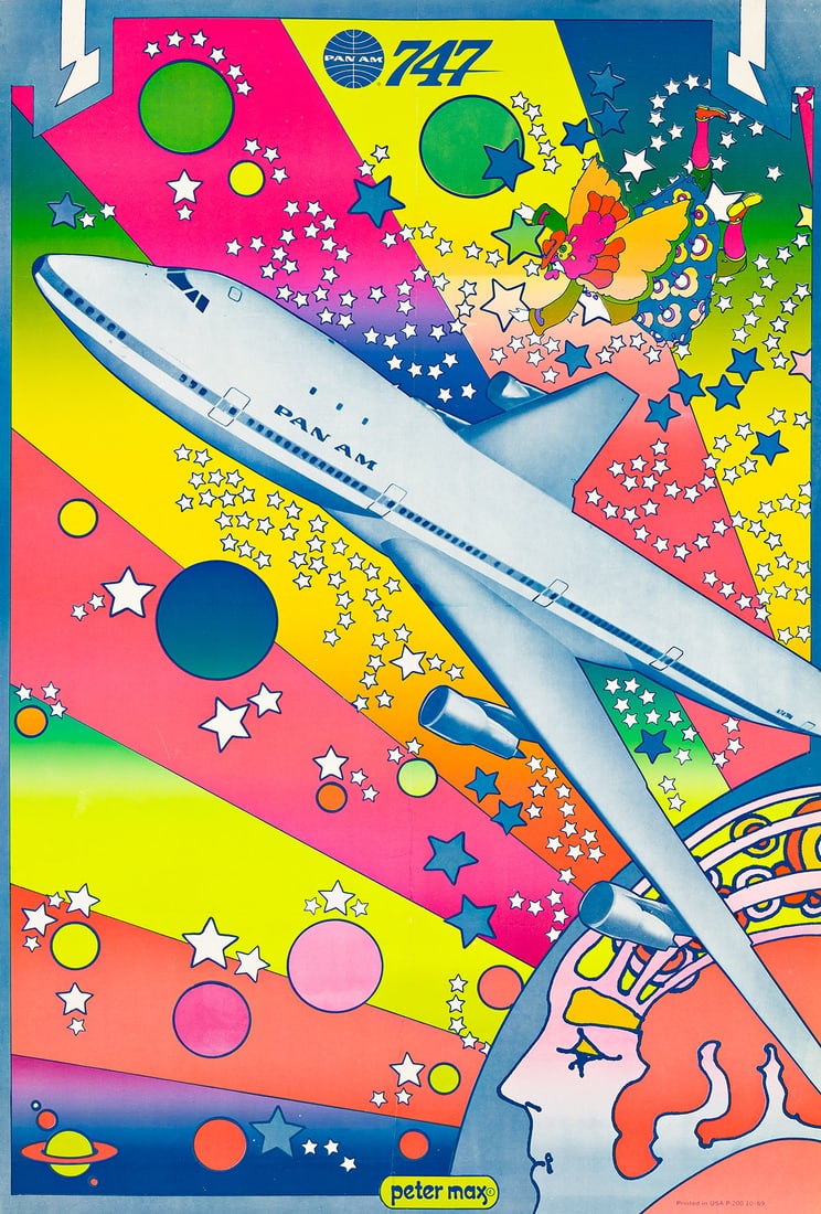PETER MAX (1937- ). PAN AM 747. 1969. 42x28¼ inches, 106¾x71¾ cm. (1 of 1)